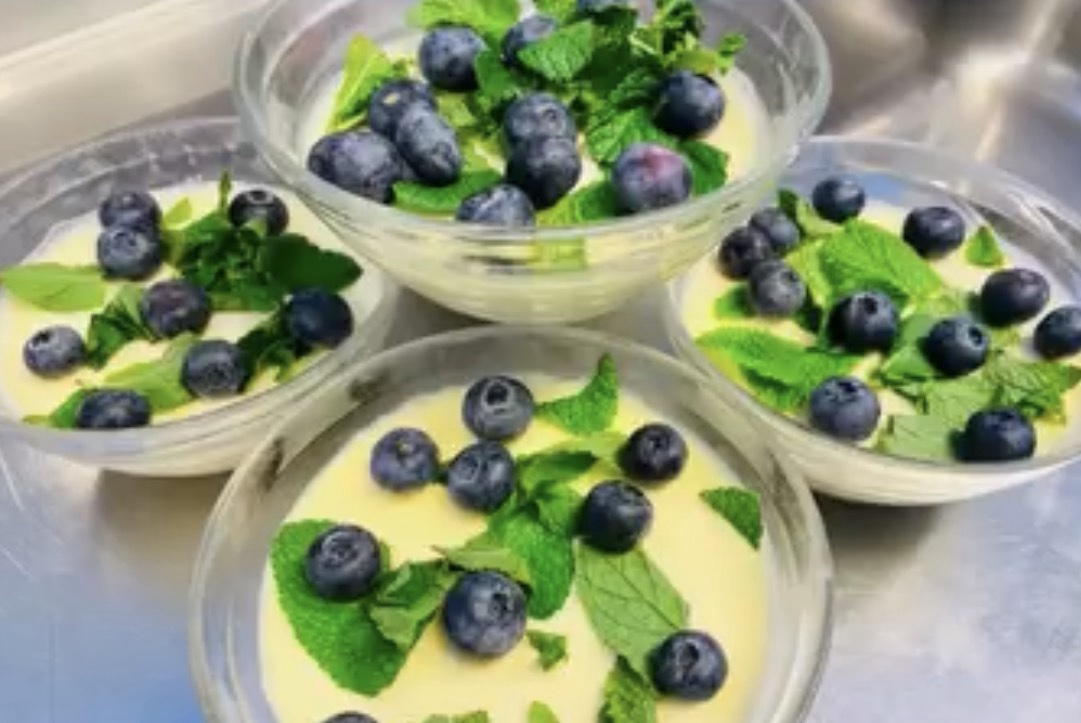 Närbild på fyra stycken blåbärs-pannacotta i genomskinliga plastbehållare.